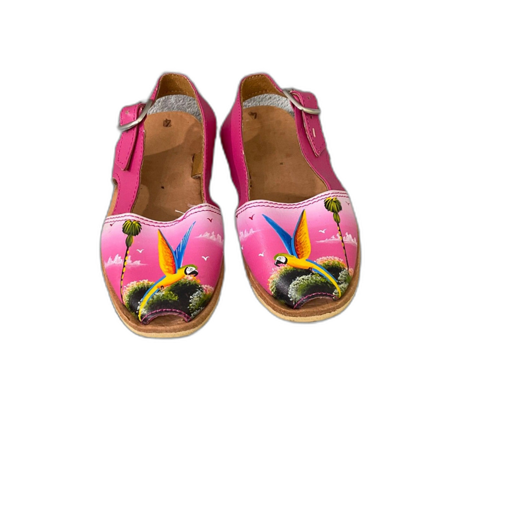 Girls Pink leather sandals size 4 hand painted birds Mexico Artisanal